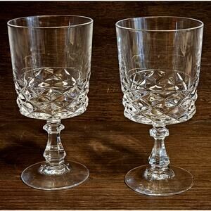 CRYSTAL d'ARQUES Durand Diamond Pattern Water Goblet Stem Glass 6.25" Set of 2